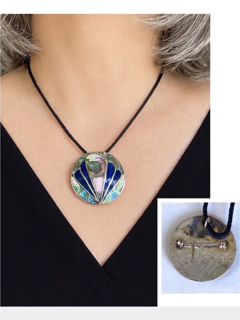 Vintage Abalone Shell & Navy Blue Enamel Art Deco Pendant / Brooch Alpaca Mexico